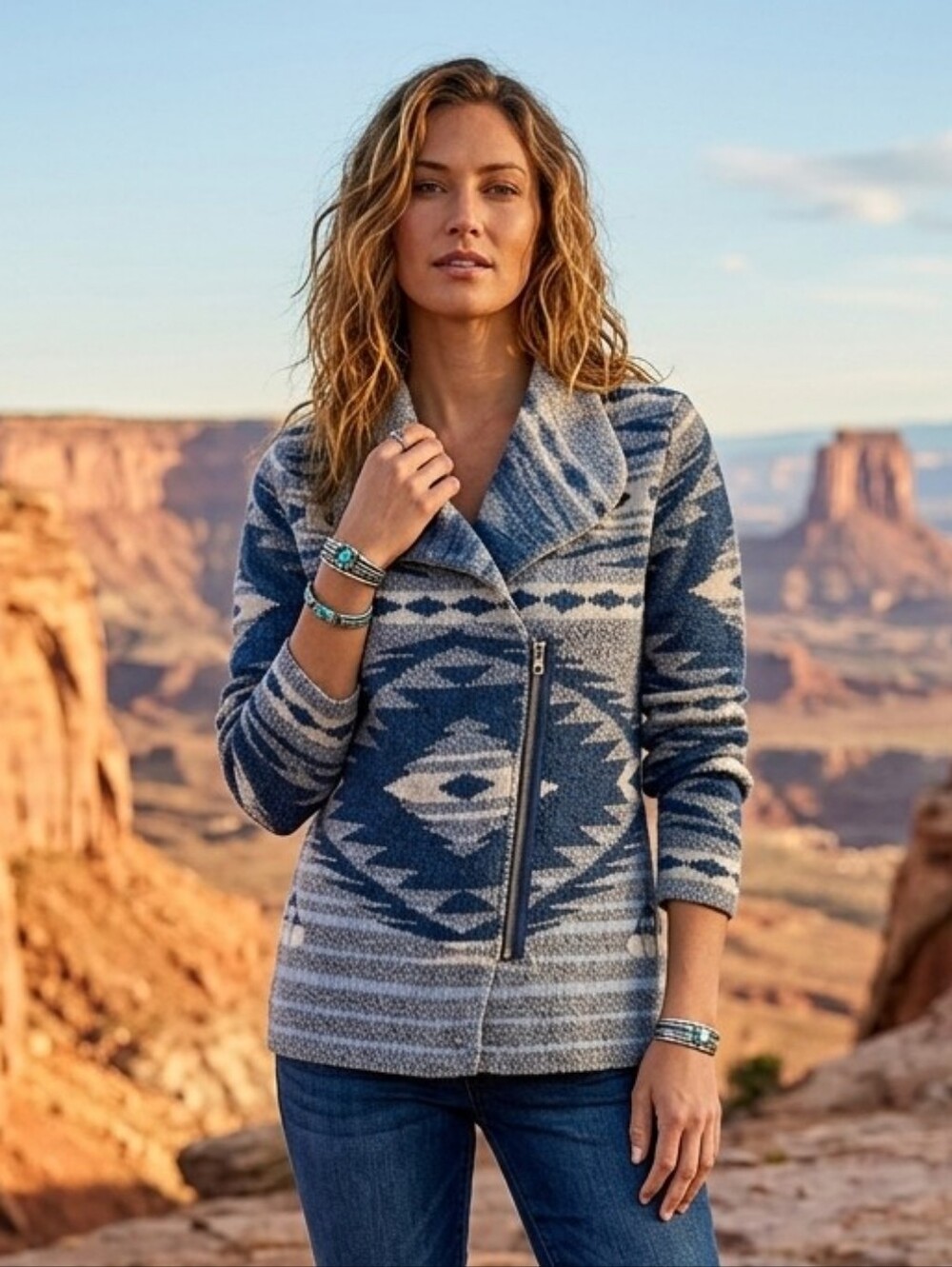 Cotton Country Women's Blue Aztec Southwestern Zip Knit Cardigan Size Medium